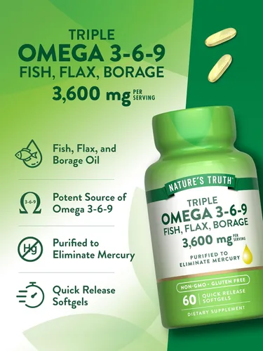 Miniatura 5 de Nature's Truth Triple Omega 3-6-9 cápsulas blandas 3600 mg 60 unidades Aceites de pescado, lino, borraja Suplemento sin OMG y sin gluten