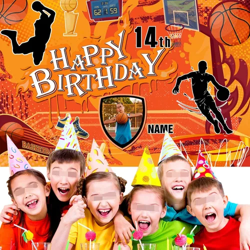 Miniatura 4 de Cartel personalizado de decoración de cumpleaños con temática de baloncesto de 14 años, pancarta de tela personalizada para suministros de fiesta