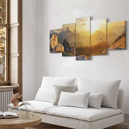 Miniatura 4 de artgeist Lienzo acústico para pared, diseño de montañas de la naturaleza, 80 x 40 pulgadas, 5 piezas con impresión de sonido de espuma acústica