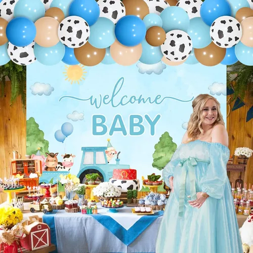 Miniatura 2 de Decoraciones de baby shower de animales de granja azules – Kit de arco de guirnalda de globos de animales de granja con fondo de bienvenida