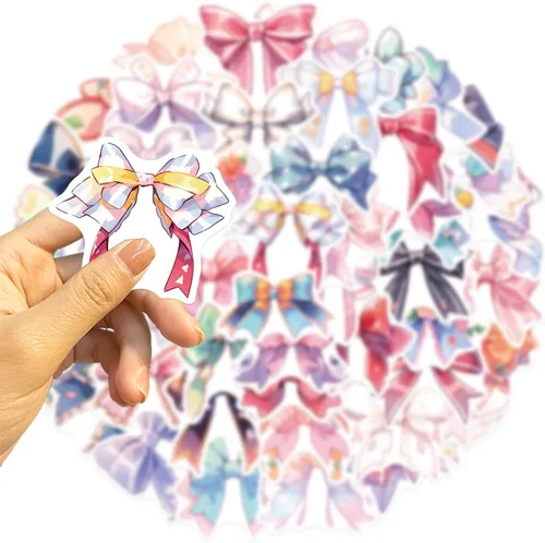 Miniatura 2 de Calcomanías estéticas de lazos para niñas, 50 calcomanías vintage de anime con nudo de lazo, vinilo impermeable con lazos rosas para botella