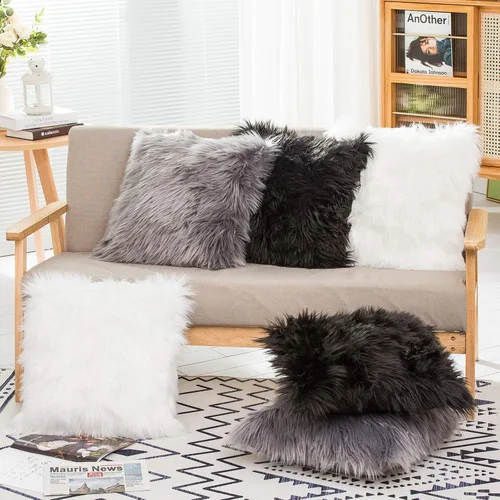 Miniatura 3 de HYSEAS - Juego de 2 fundas de almohada de pelo sintético, decorativas, negras, esponjosas y cuadradas, para sofá, sillón, silla, cama y café, 20 x