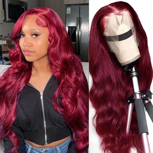 Miniatura 6 de ZGWG Pelucas de cabello humano con encaje frontal de color rojo, densidad del 180%, 13x6, 99J, pelucas de cabello humano virgen brasileño 12A