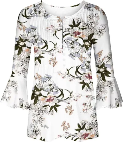 Miniatura 12 de Ceboyel Blusa tipo túnica con estampado floral para mujer, con botones, estilo Henley, con manga de codo, casual, trajes de moda para mujer