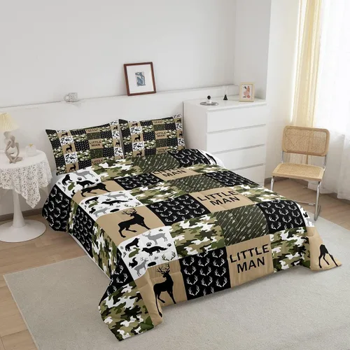Miniatura 182 de Juego de edredón de cuernos de ciervo tamaño individual, juego de ropa de cama rústica de granja con huellas de oso y pinos para decoración