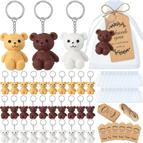 Roowest Juego de 36 llaveros de oso con bolsas de organza, etiquetas de agradecimiento para fiesta de cumpleaños, regalos de agradecimiento