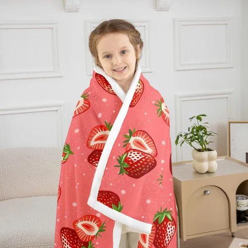 Miniatura 6 de Feelyou Manta femenina de vellón sherpa de fresa para niños y niñas, estampado de frutas tropicales, felpa rosa dulce fresa mullida para sofá