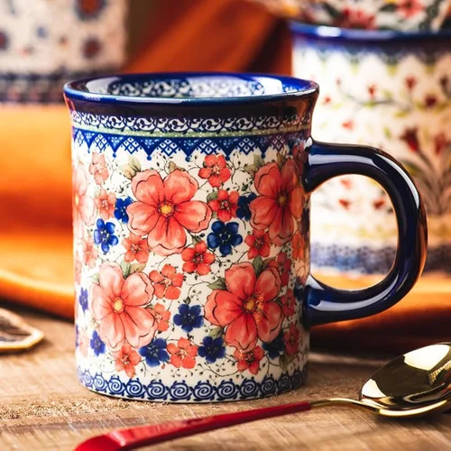 Taza de café de cerámica, 14 onzas, tazas de té de cerámica pintadas a mano con diseño único para bebidas calientes o frías (hierba de arándanos)