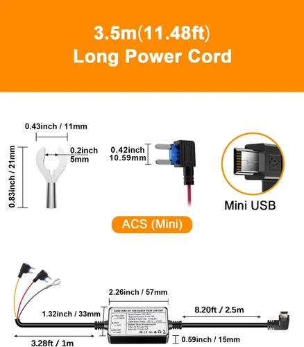 Miniatura 7 de Kit de cableado para cámara de salpicadero, 13.1 ft/13.12 pies, 12 V-24 V a 5 V 2.5 A, cargador de cámara de tablero de automóvil, cable