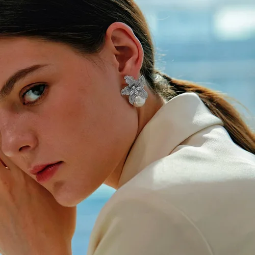 Miniatura 7 de Aretes de perlas redondas grandes con circonita cúbica para ceremonia de boda, accesorios elegantes