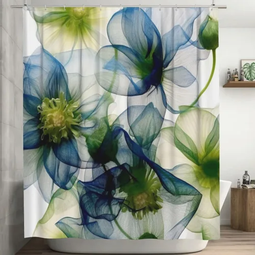 YLATY2774 - Cortina de ducha de flores abstractas para baño, juego de cortina de ducha bohemia floral azul y verde, tela transparente, moderna,