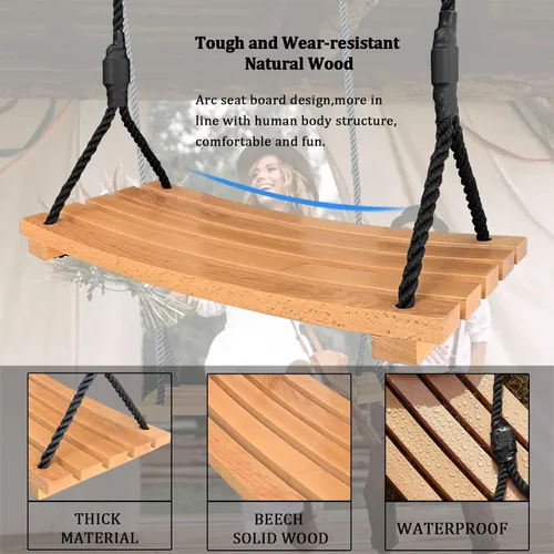 Miniatura 3 de Asiento de columpio de madera, columpio colgante para árbol con cuerda de nailon ajustable, juego de columpio de madera para patio trasero, patio