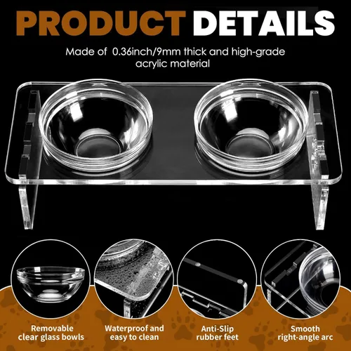 Miniatura 6 de Cuencos elevados para perros y gatos, soporte elevado de acrílico de 3.75 pulgadas con 2 cuencos de acero inoxidable y 2 cuencos de vidrio, juego