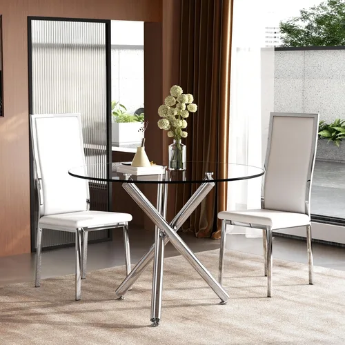 Moderno juego de mesa redonda de cristal para 2, juego de mesa de cocina de círculo pequeño de 36 pulgadas con 2 sillas de comedor de piel sintética
