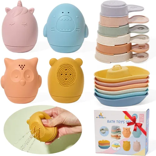 Juguetes de Baño para Bebés para Niños de 1 a 3 años, Juego de 16 Piezas de Juguetes de Baño para Niños Pequeños de 2 a 4 años, Barcos y Cucharas