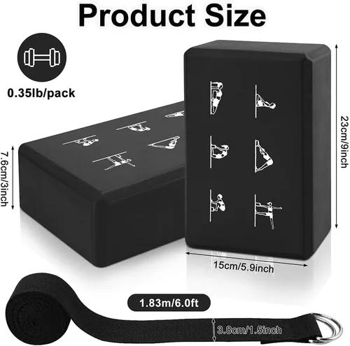 Miniatura 2 de Juego de 2 bloques de yoga y 2 correas de yoga, bloques de espuma EVA antideslizantes, ladrillos de yoga de alta densidad con correa de 6 pies, Negro