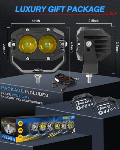 Miniatura 2 de BraveWAY Luces antiniebla ámbar de 4 pulgadas, 80 W, cápsulas LED amarillas de 9600 lúmenes, superbrillantes con arnés, haz de punto amarillo, luces
