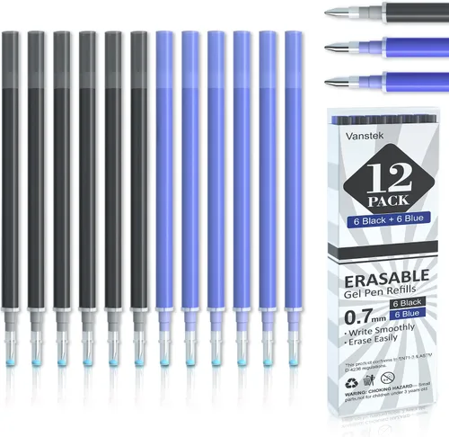 Miniatura 9 de Vanstek 12 recargas de bolígrafo de gel borrable negro, recargas de tinta de gel compatibles con bolígrafos borrables, punta fina de 0.7 mm
