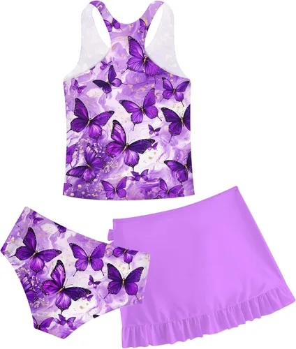 Miniatura 61 de Traje de baño tankini de 3 piezas para niñas, lindo bikini con salida de baño con falda de playa de 5 a 16 años