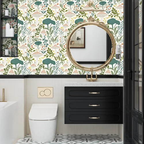 Miniatura 7 de Papel tapiz floral de hongos rosados para despegar y pegar, papel de contacto bohemio con hojas verdes claras, acuarela, colorido mural de pared
