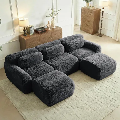 Miniatura 30 de Sofás de nube sin hueso de 80.4 pulgadas, tela de felpa suave y esponjosa, sofá cama modular con 2 otomanas, sofás de dos plazas de chocolate,