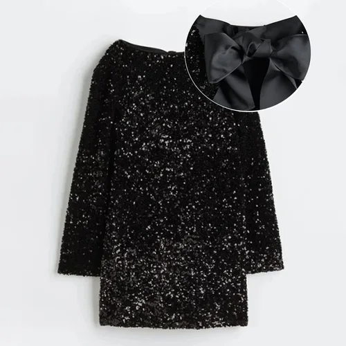 Miniatura 2 de Vestido de verano para mujer, cuello redondo, manga larga, vestido de lentejuelas brillantes, sin espalda, lazo sexy y lindo, vestido de fiesta
