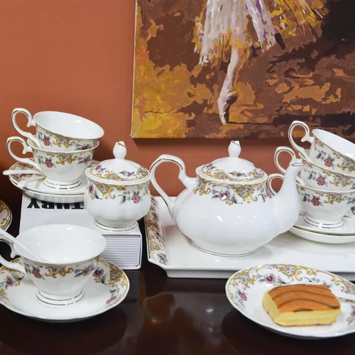 Miniatura 4 de ACMLIFE Juego de té de porcelana de hueso para adultos, juego de té de porcelana fina blanca y floral de 21 piezas, juego de 6 tazas de té inglés