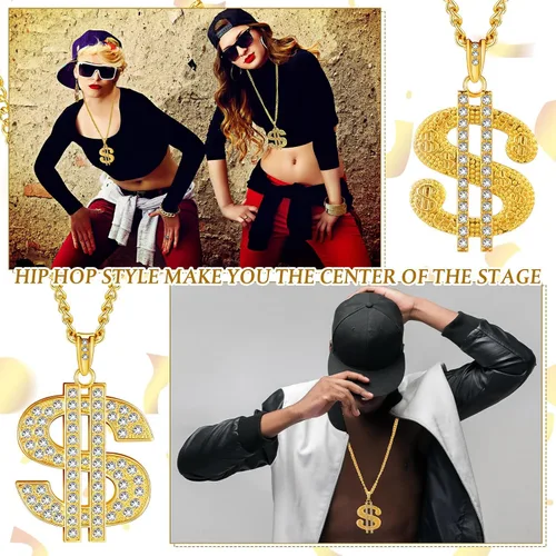 Miniatura 5 de Tatuo 2 piezas de cadena chapada para hombre con colgante de signo de dólar, collar de dólar hip hop