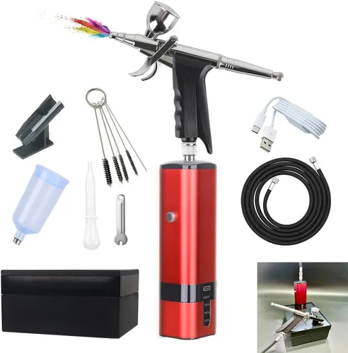I-BEAUTEE Kit de aerógrafo inalámbrico portátil con compresor, juego de mini pistola de cepillo de aire de mano de alto flujo de aire, tipo gatillo,