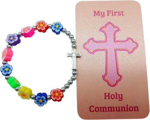 Westmon Works Pulsera de flores de primera comunión para niñas con tarjeta santa católica elástica muñeca con bolsa de transporte con cordón, Sin