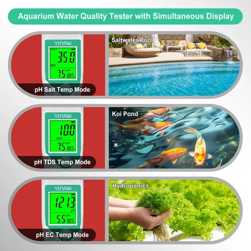 Miniatura 4 de YINMIK Probador de sal de pH de piscina, medidor de salinidad digital para piscina de agua salada, pantalla simultánea pH de sal TDS para estanque
