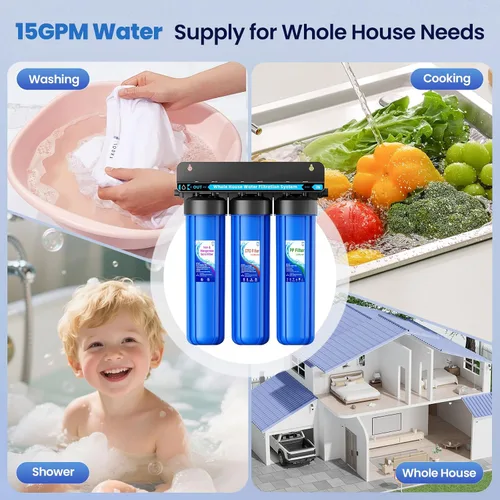 Miniatura 6 de Sistema de filtro de agua para toda la casa, 3 etapas de eliminación de hierro y manganeso, filtro de 20 x 4.5 pulgadas, con filtro de sedimentos