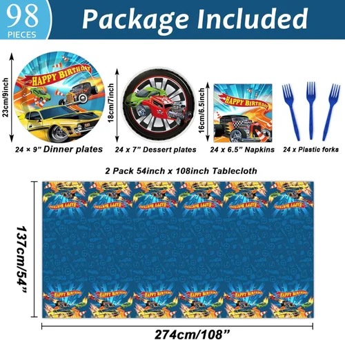 Miniatura 2 de 98 piezas de decoración de fiesta de coches de carreras para 24 invitados, juego de vajilla de coche de carreras, servilletas, mantel, suministros
