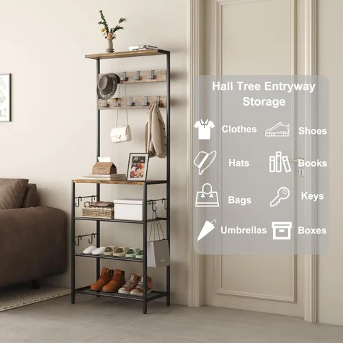 Miniatura 6 de HOMEFORT Perchero con almacenamiento de zapatos, zapatero de 5 niveles y perchero con 9 ganchos para ropa, organizador independiente para árbol