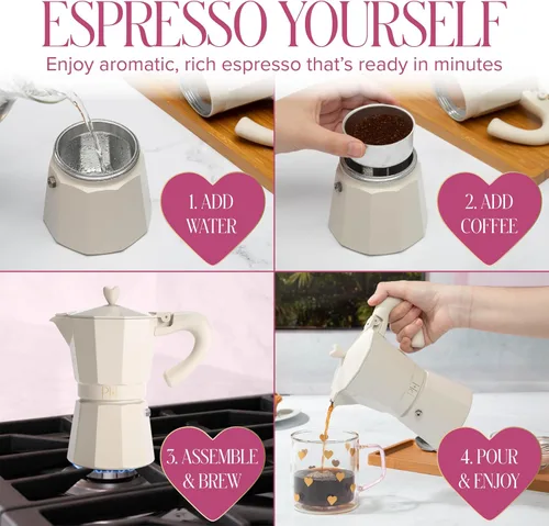 Miniatura 6 de Paris Hilton Cafetera de café y café para estufa, cafetera de estilo italiano y cubano con emblemática perilla de corazón, perfecta para expreso