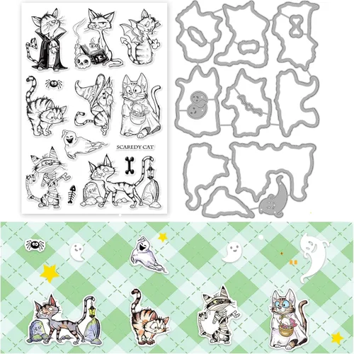 Miniatura 9 de INFUNLY Sellos y troqueles de gato para hacer tarjetas Juego de sellos y troqueles de gato transparentes Troquel de corte de metal Sellos de goma