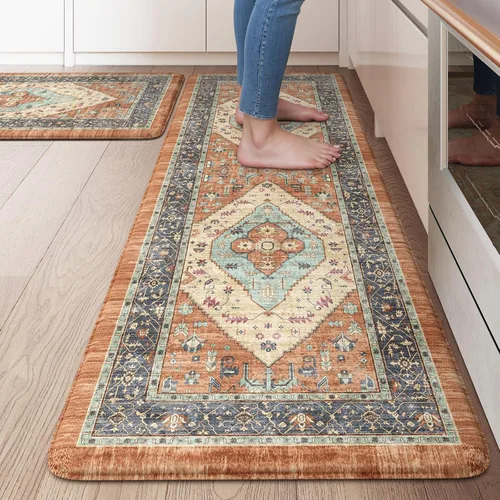 Miniatura 90 de KIMODE - Juego de 2 tapetes de cocina bohemios, antifatiga, antideslizantes, impermeables, ergonómicos, acolchados, cómodos, para lavandería, Caqui