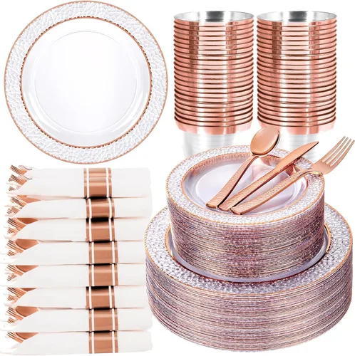 Ciaell 350 platos de plástico color oro rosa, platos desechables de oro rosa transparente con cubiertos de plástico que incluyen 100 platos, 150