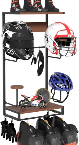 Miniatura 9 de Soporte de pared para casco, estante retro para casco con tabla de madera, 2 soportes para casco para almacenamiento de equipo de motocicleta