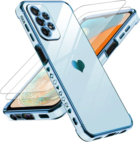 LeYi Funda para A23 5G con protector de pantalla [2 piezas] + protección completa de la cámara, diseño de corazón chapado en corazón, bonita funda