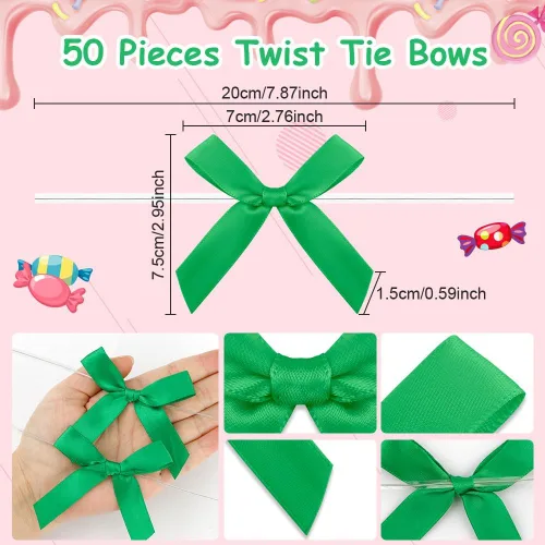Miniatura 3 de Paquete de 50 lazos de lazo torcido verde, lazos de cinta de satén pequeños para manualidades, mini corbatines para regalos, decoraciones