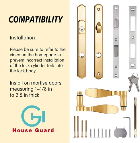 Miniatura 4 de House Guard Sistema de Manija para Puerta de Patio con Bisagras con Manija de Palanca, Juego de Cerradura de Mortaja Universal para Puertas de Latón