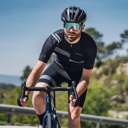 Miniatura 6 de Santic Camiseta de ciclismo para hombre, manga corta, camiseta de ciclismo de carretera, con cremallera completa, UPF 50+, MTB con bolsillos