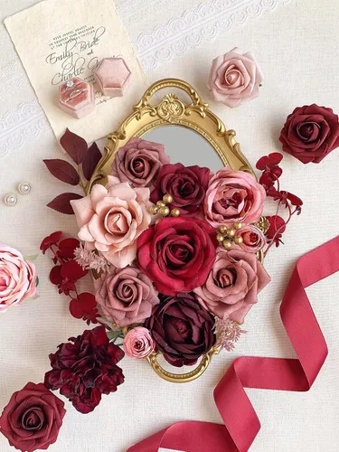 Miniatura 47 de FACINOC Ramos de Rosas Artificiales Naranjas, Juego de Caja de Flores Artificiales con Tallos para DIY, Bodas, Despedidas de Soltera, Decoraciones