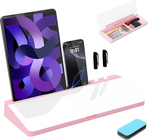 KVY - Pizarra blanca de escritorio rosa con almacenamiento, pizarra de borrado en seco de vidrio para escritorio con organizadores y accesorios para