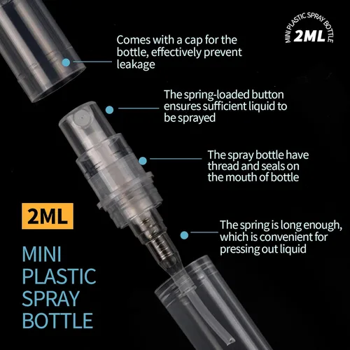 Miniatura 4 de Fandamei Mini botella de spray, 60 botellas de plástico transparente de 2ml (0.068 fl oz) vacías, mini botella de perfume recargable de niebla fina.
