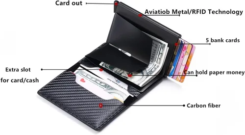Miniatura 5 de Cartera minimalista con bloqueo RFID de piel sintética ligera de aluminio para tarjetas de crédito en efectivo, Fibra de carbono, Rfid Wallet