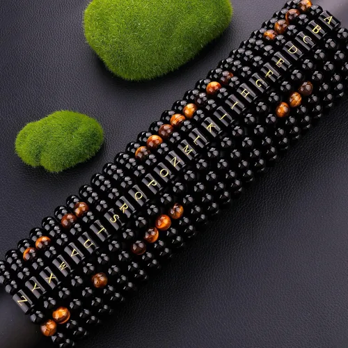 Miniatura 8 de SUMMER LOVE Regalos para el Día del Padre, pulsera con inicial de piedra de ónix negro de 0.394 pulgadas para hombres, pulsera de cuerda trenzada