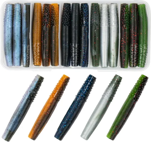 Miniatura 8 de Soft Plastic Worm Fishing Lures Kit, Finesse TRD Stick Worms and Ned Rig Baits with Jig Heads for Bass Fishing, Freshwater Bass Soft Baits Mezcla