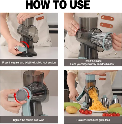 Miniatura 8 de Rallador de queso con 3 cuchillas intercambiables, rallador giratorio de queso, rebanador manual de verduras con base de succión antideslizante